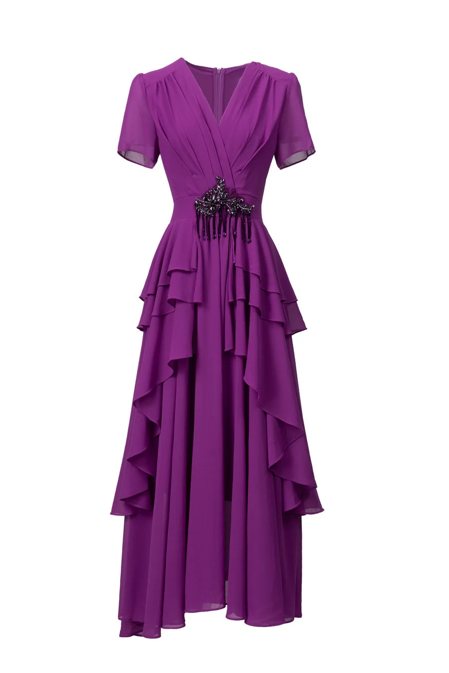 

Summer 2025 new styles of European and American women's clothing Short-sleeved V-neck beaded Pleated dress