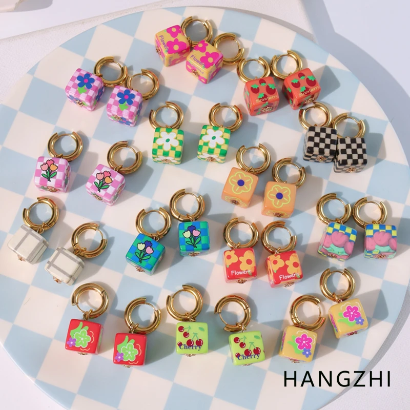 HANGZHI Fashion Colorful Print Dice Metal Ear Hoops Tulips Small Daisy Cherry Plaid Drop Earrings for Women Travel Party Jewelry