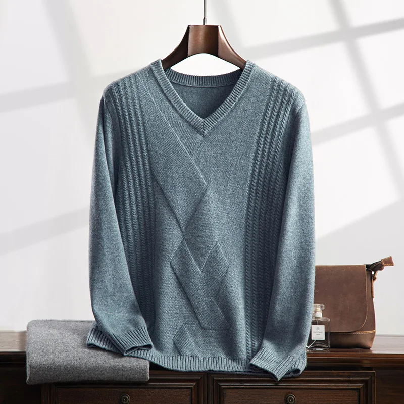 Suéter pulôver com decote em V engrossado para homens, suéter pulôver de malha 100% caxemira, suéter base quente de manga comprida outono inverno