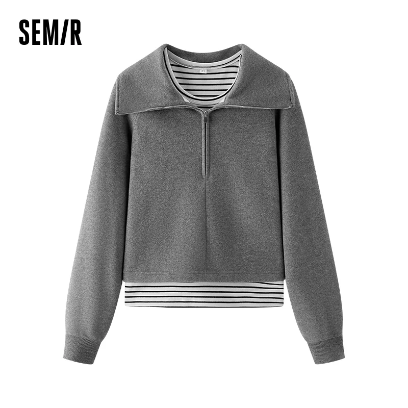 Semir Women Sweatshirt Brushed Fabric Stripe Pattern Raglan Sleeve Two Piece Design Vest Layer Detail 2026 Winter Soft Comfort