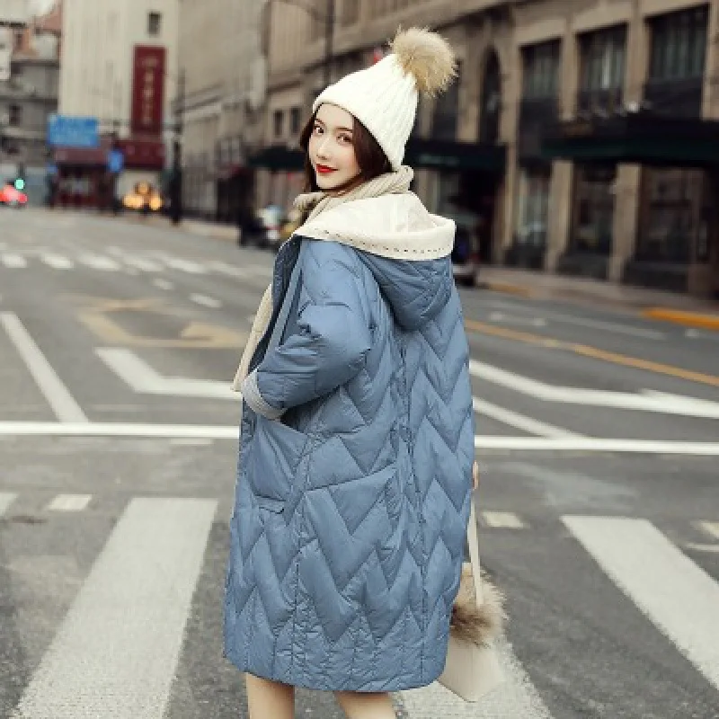 Korean Style Down Coats Women Mid Long  Hooded Loose Thickened Fashion Loose Casual Comfortable Jacket Lady Solid Autumn Winter