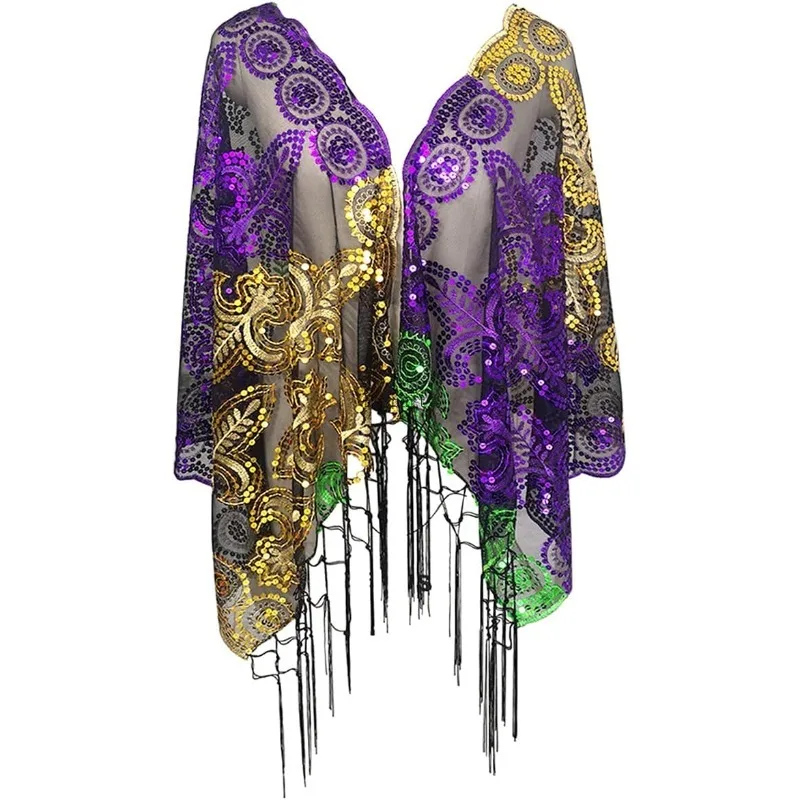 Mardi Gras Shawl Scarf Cape Costume Party Favor Accessories Sequins Mardi Gras Poncho For Women disguise party Capes & Ponchos