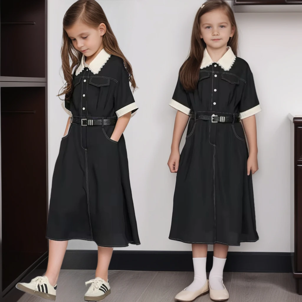 

2025 New Girls Summer Dress Fashion Slim Waist Long Sleeve Princess Dress for Kids Black Elegant Party Costume Children Clothing