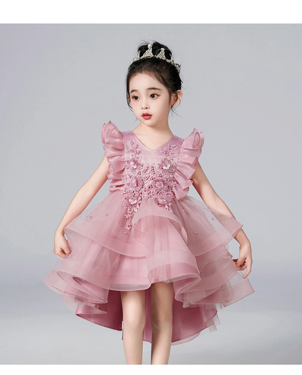 

Flower Girl Dresses 4-9T Children's Flying Sleeve Tiered Assymetrical Hem Mesh Puff Princess Dress Birthday Party Dresses