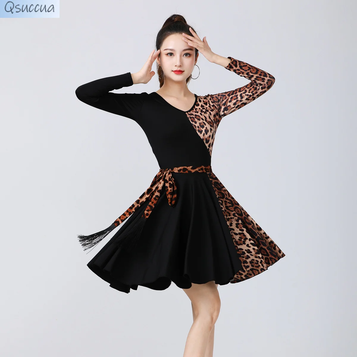 New Latin Dance Female Adult Dance Clothes Leopard Print Big Skirt Training Sexy Stitching Dress With Belt