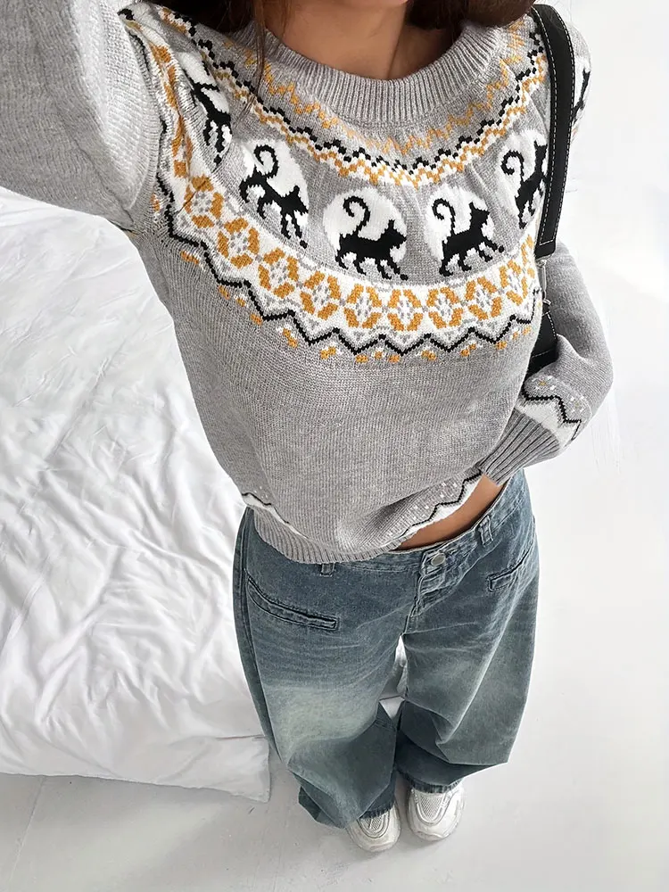 

Распродажа, женская одежда в скандинавском стиле, вязаный пуловер в стиле ретро с геометрическим рисунком черного кота, рождественский свитер, зимний теплый топ