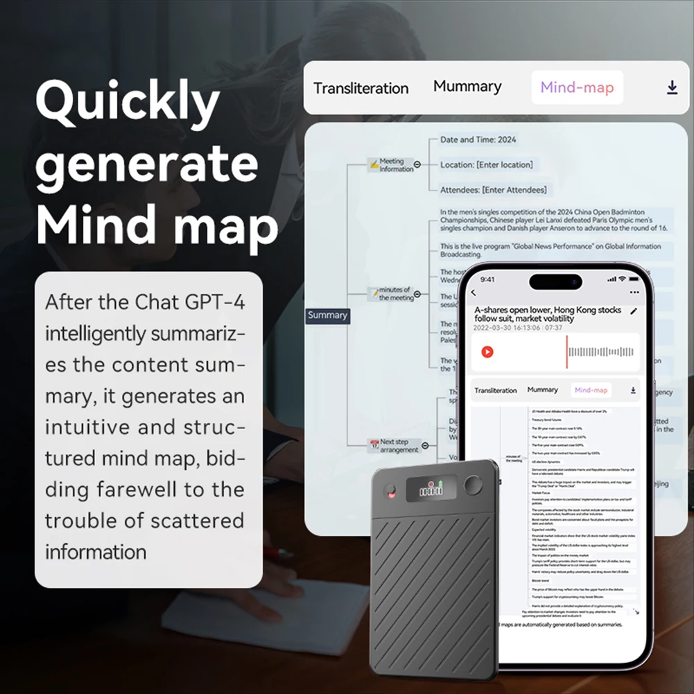 

AI Voice Recorder with Real-Time Transcription & Translation Dictaphone App Control Audio Recording Device for Lectures Meetings