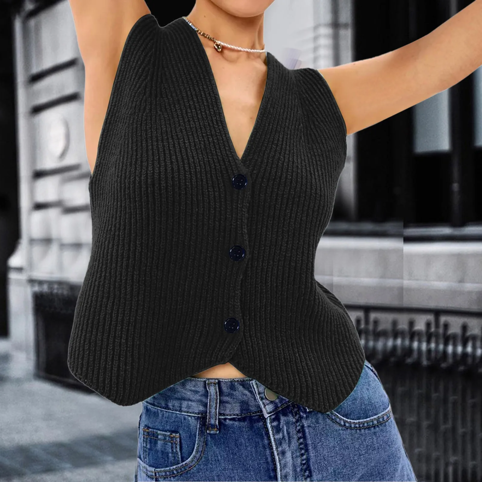 2024 Fashion Casual Sleeveless Women Knitted Vest Loose Button Down V Neck Stripe Fashion Tops Sexy Club Party Vest Sweater