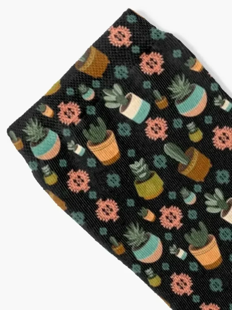 Mid Century Modern Potted Succulents and Cacti Pattern in Black Socks Running floral Socks For Man Women's