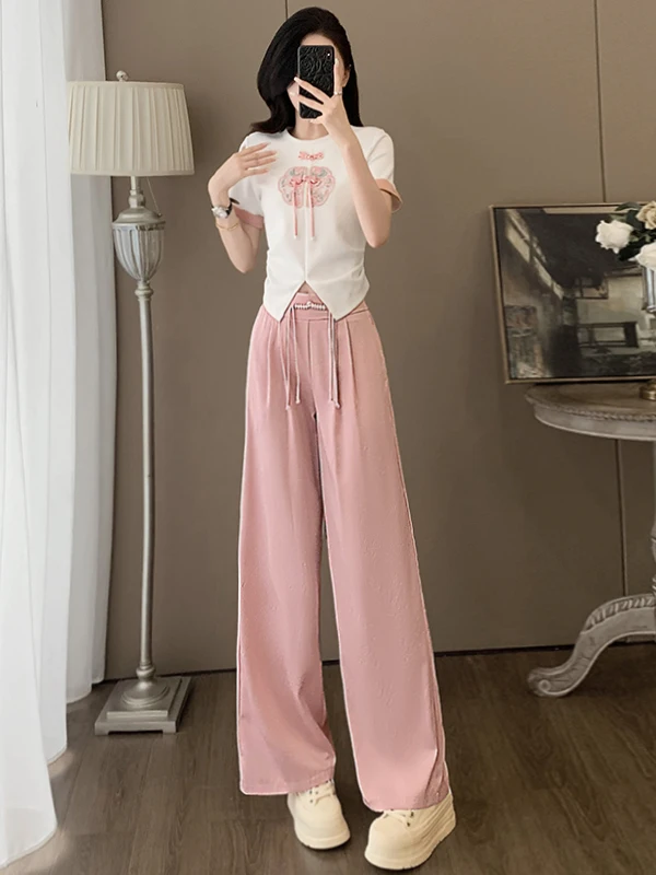 

Новый спортивный комплект в китайском стиле для женщин: летняя модная футболка с коротким рукавом и розовые широкие брюки, комплект из двух предметов