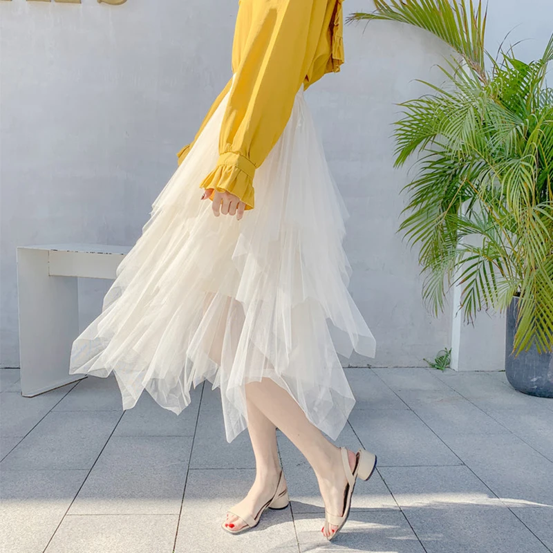 Women Vintage Solid Color Multi-layer Irregular Mesh Skirt Grunge Aesthetic Tulle Bottom Elastic High Waist Tulle Bubble Skirts