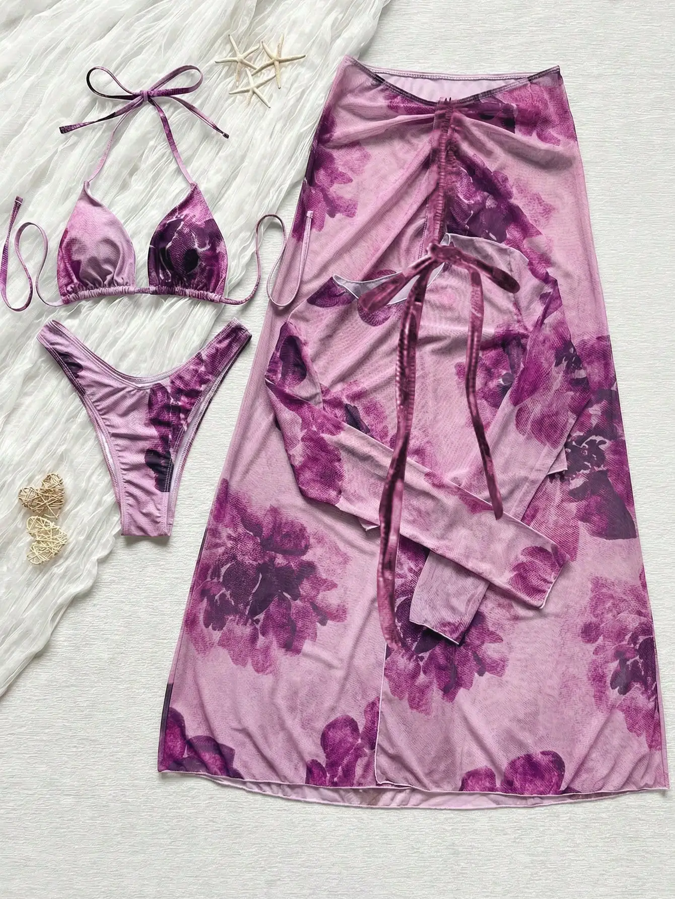 

Purple Floral Tie Dye Sheer Mesh Two Piece Set With Long Sleeve Crop Top And Ruched Midi Skirt