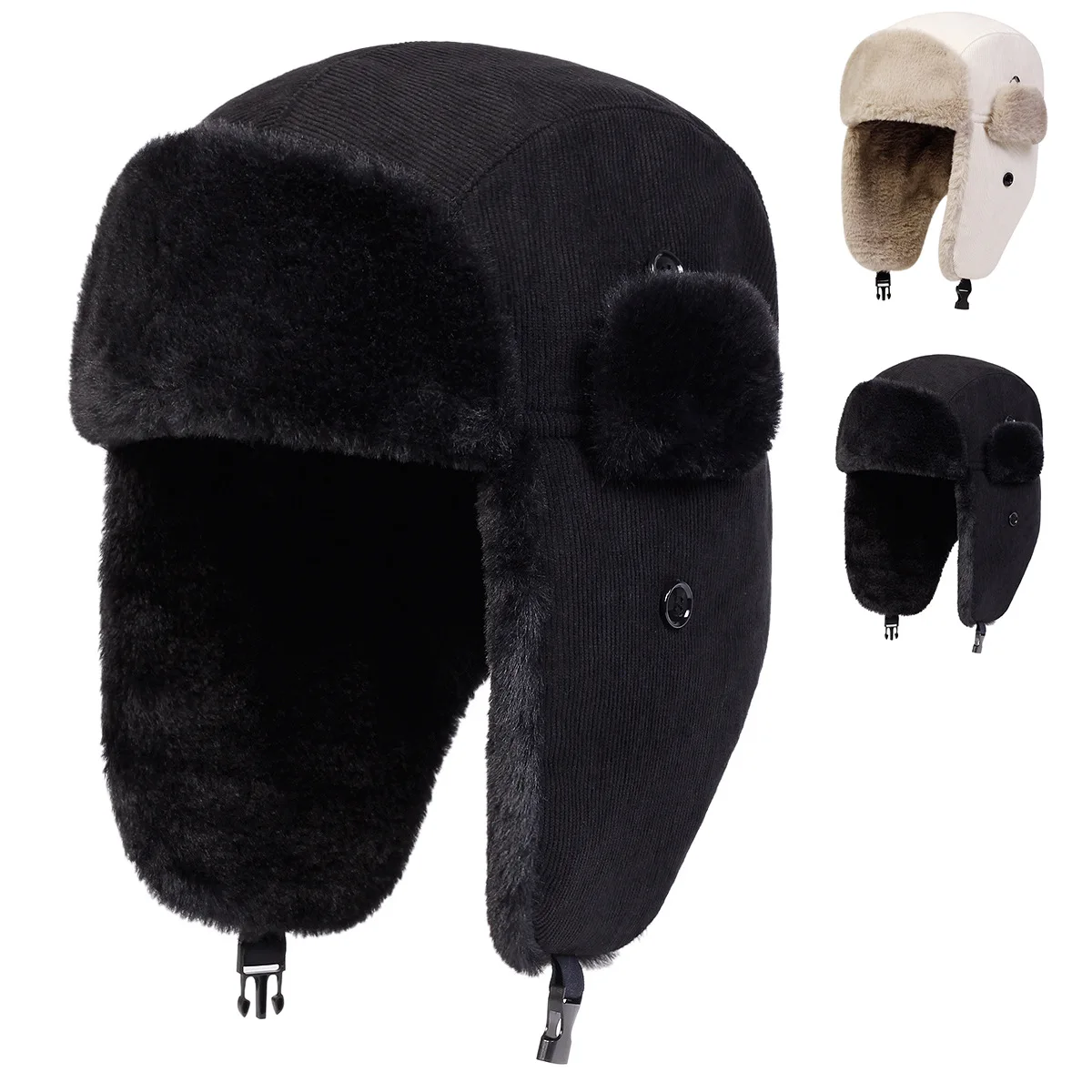 Unisex Solid Color Corduroy Lei Feng Hat Winter Earflap Hat Keep Warm Ski Bomber Hats for Outdoor Riding Snow Activities