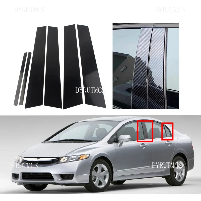 

6Pcs Gloss Black Silver Carbon Pillar Posts For Honda Civic Sedan 2006 2007 -2011 Window Decoration Cover Door Side Trim Sticker