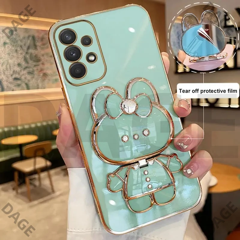 Plating Cartoon Rabbit makeup Mirror Holder Casing for Samsung Galaxy A02 M02 A02S A03S A52 A52S 5G F13 4G M13 4G A30 A20 Cover