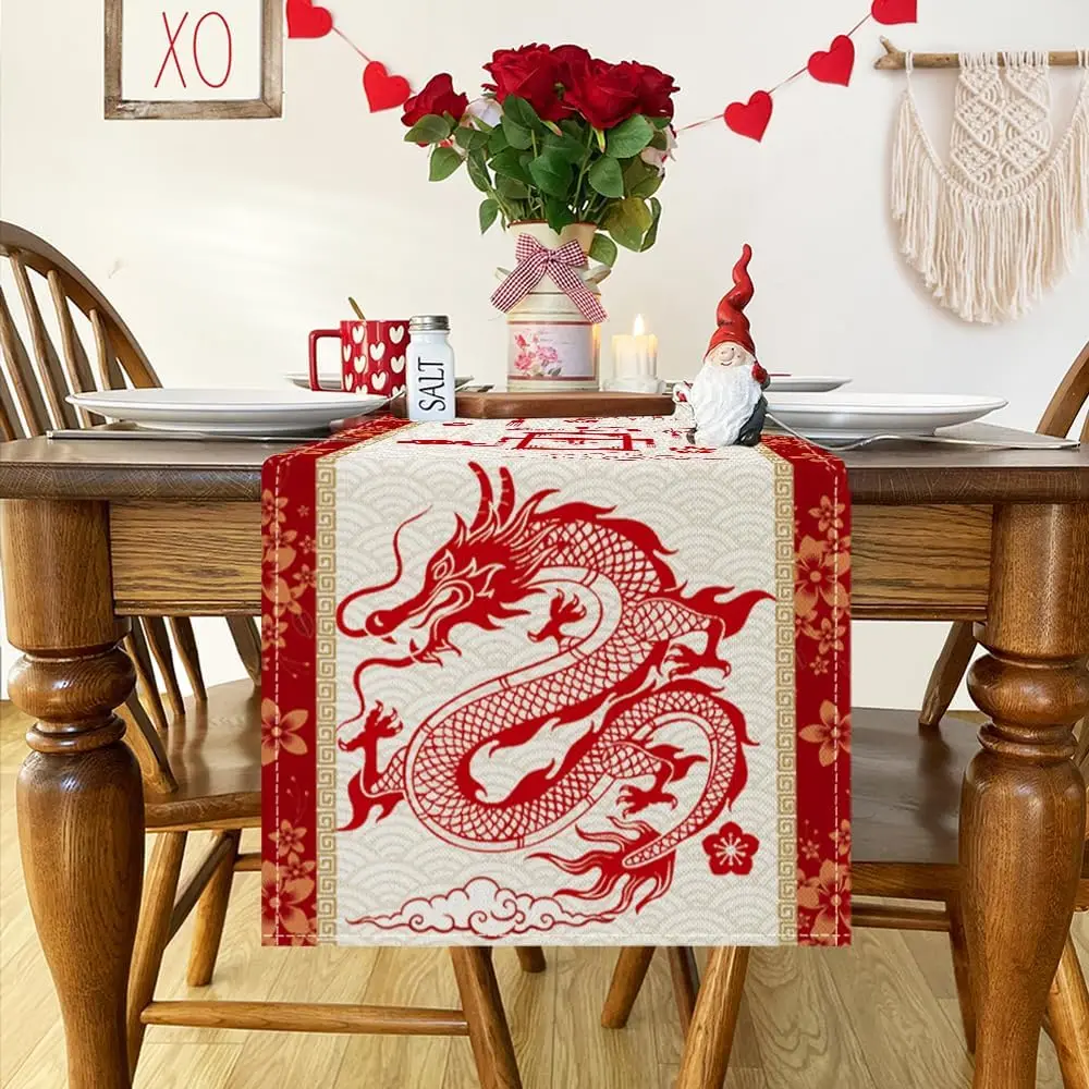 Spring Festival Year of Dragon Linen Table Runner Happy Chinese New Year 2024 Holiday Party Home Kitchen Dining Table Decoration