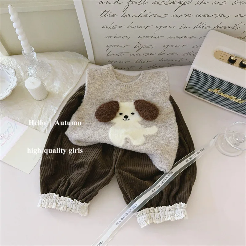 

01-Autumn Set with 3D Puppy！Korean Children's ClothinginsCorduroy Lace Trim Lantern Pants