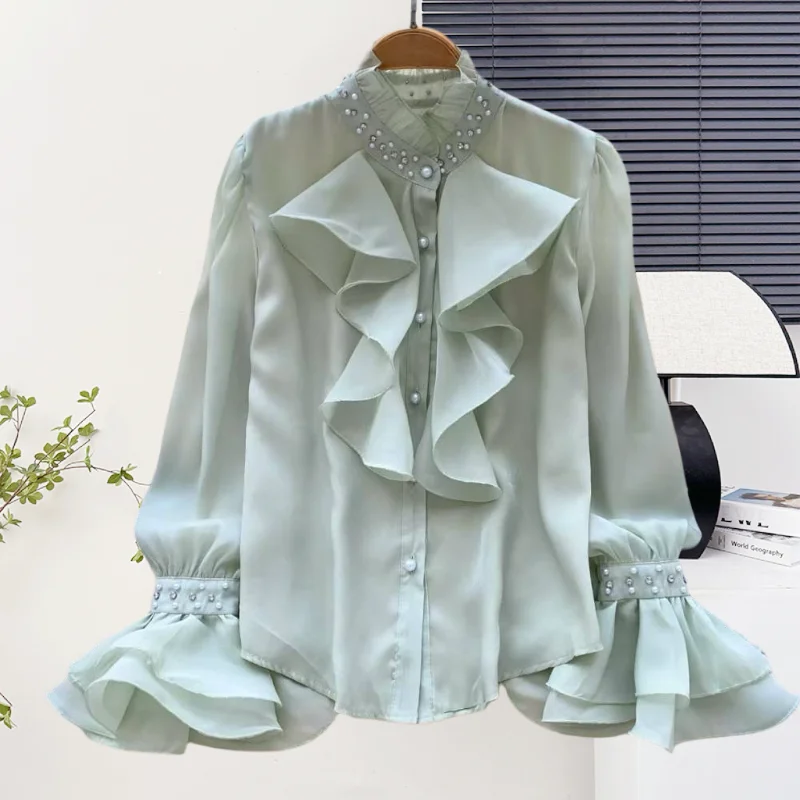 

2025,New,European,Clothes,Blouse,Fashion,Sexy,Stand,Patchwork,Ruffles,Diamonds,Women,Single-breasted，Long Sleeve,Shirt,Tops,570