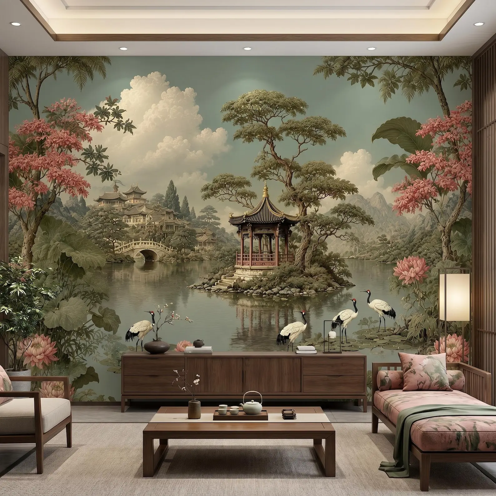 Customized wallpaper, retro Chinese style, peaceful Crane Garden murals, home decoration, living room, bedroom, garden 3d murals