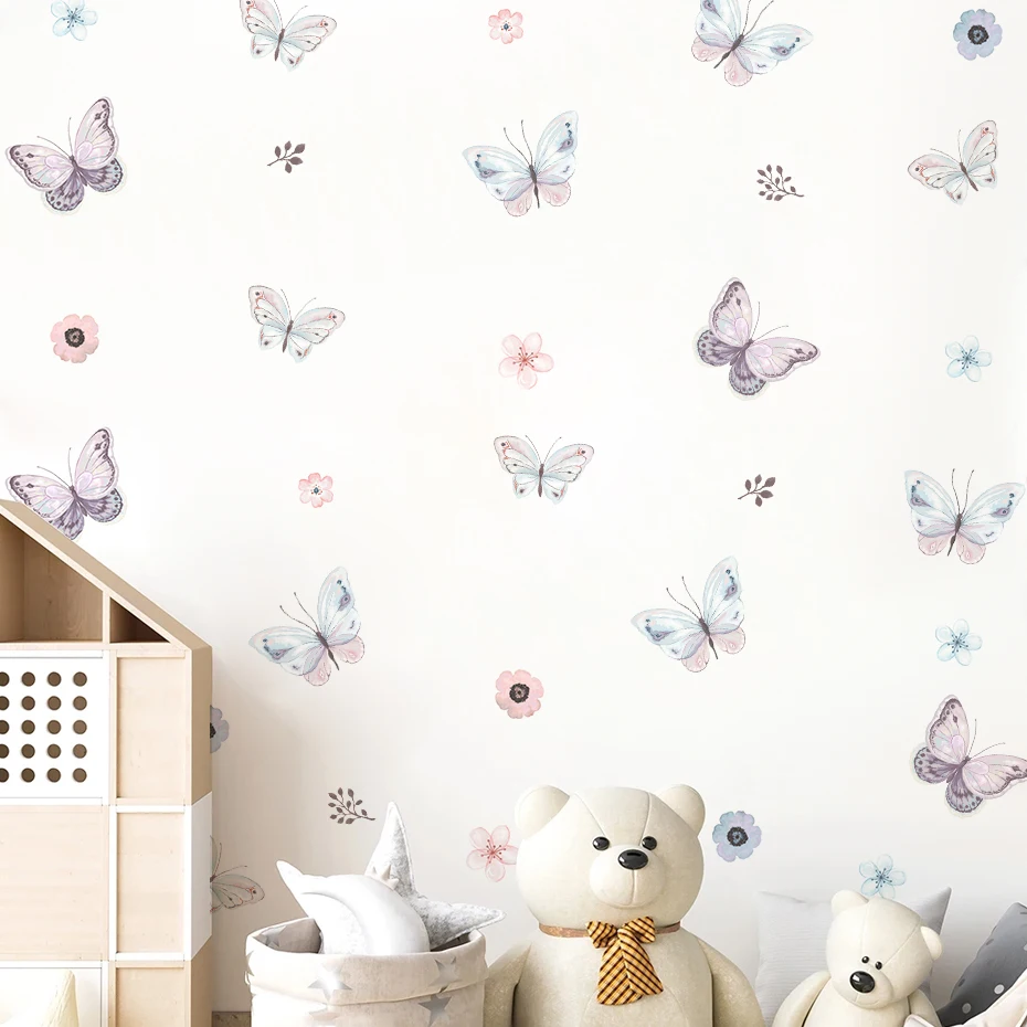 Watercolor Butterfly Flower Wall Stickers for Children Room Girls Bedroom Kids Room Living Room Decoration Wall Decals