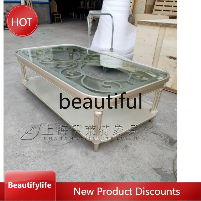 

A51 light luxury solid wood rectangular coffee table hollow tempered glass modern simple creative living room small apartment