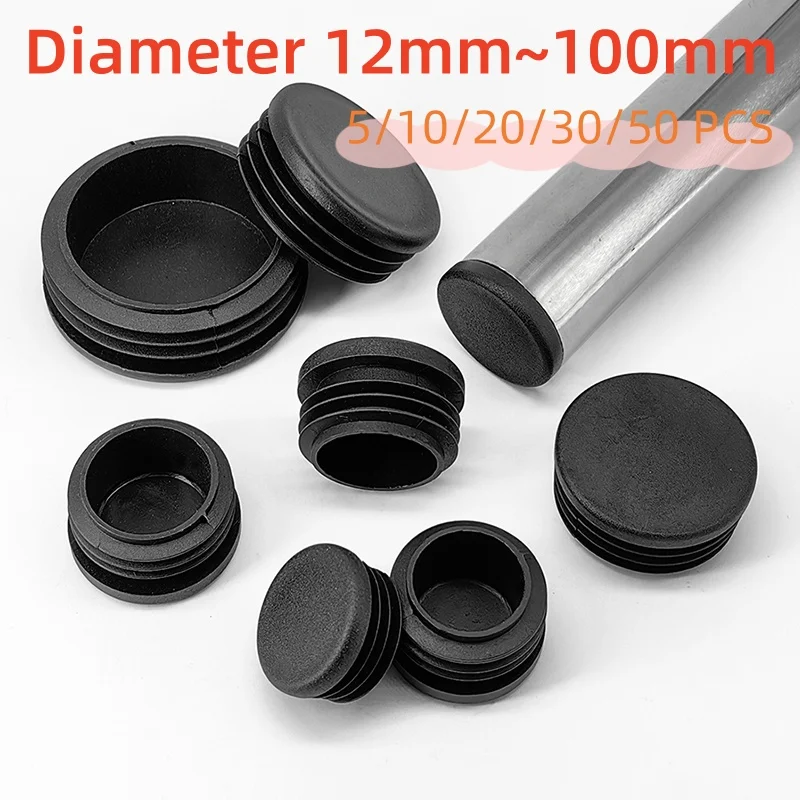 

5/10/20/30/50pcs PE Plastic Black Round Pipe Plug Diameter 12mm~100mm Chair Table Feet Cap Tube Pipe Chair Non-Slip Foot Pad