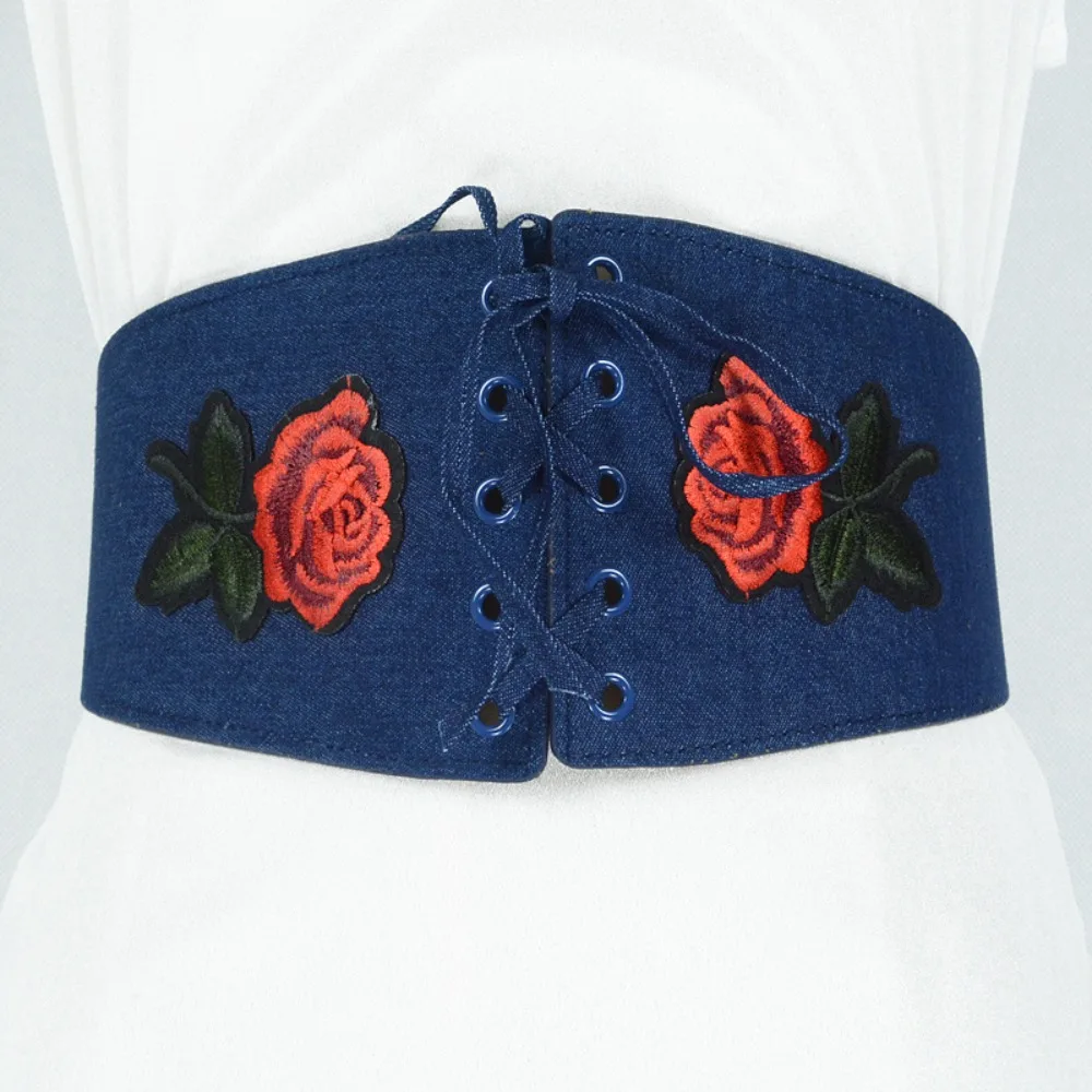 New 2026 Women's Wide Elastic Waist Belt, Handmade Embroidered Flower Leaf Rose Design, Sweet Simple Vintage All-Match Waistband