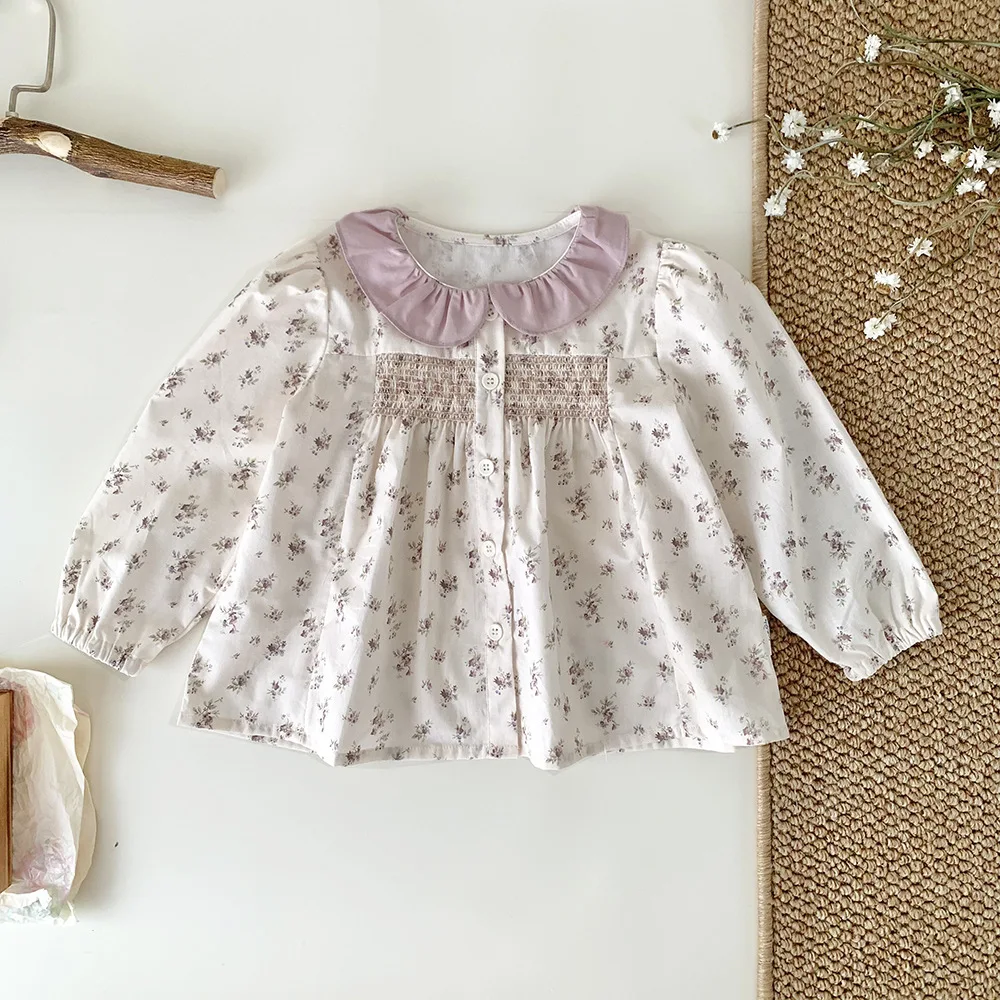 

Princess Style Korean Girls Blouses Smocked Peter Pan Collar Floral Shirt Baby Girls Clothes Tops Long Sleeve Cute Flower Blouse