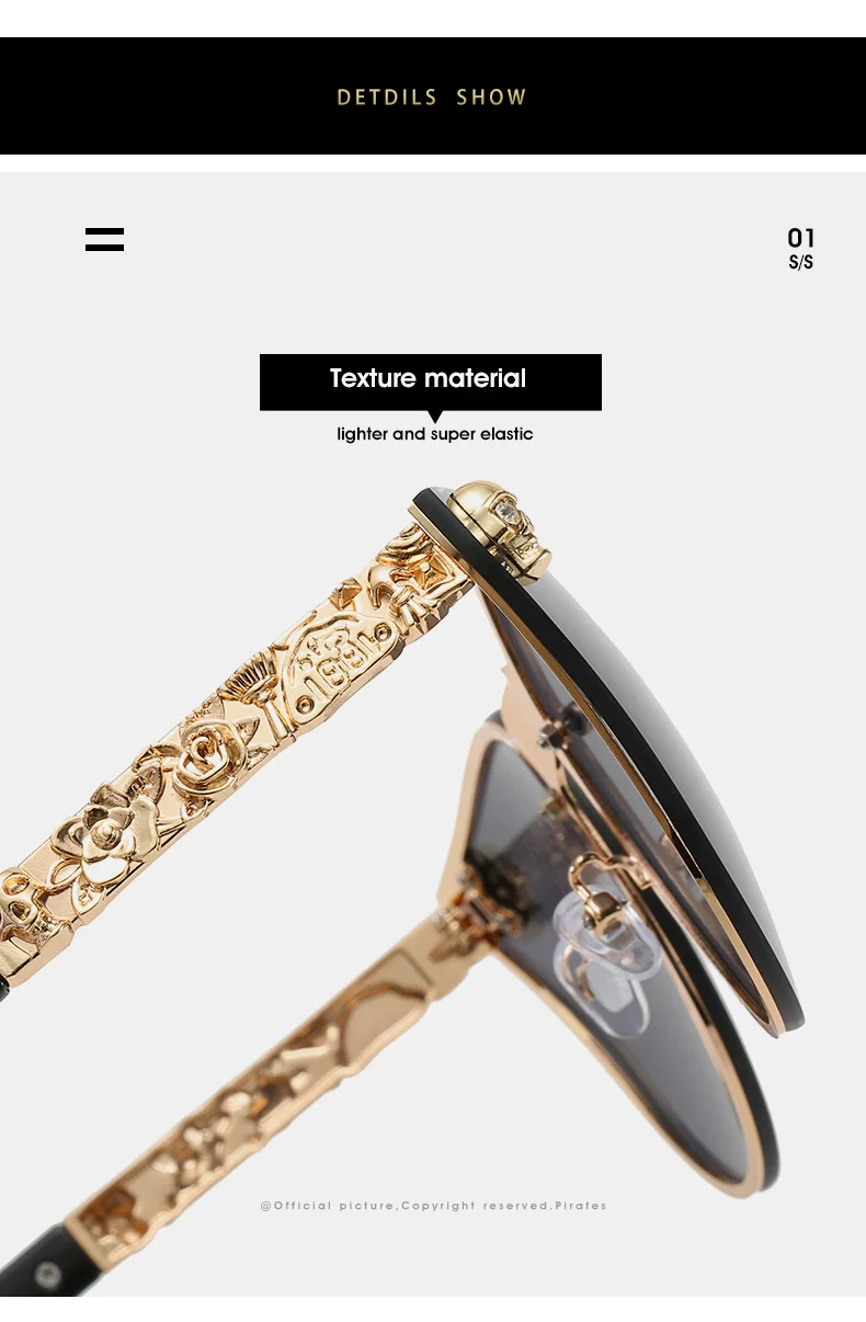 Gothic Schädel Sonnenbrille Frauen Männer Cat Eye Geschnitzt Metall Persönlichkeit Randlose Reflektierende UV400 Sonnenbrille – Detail 5