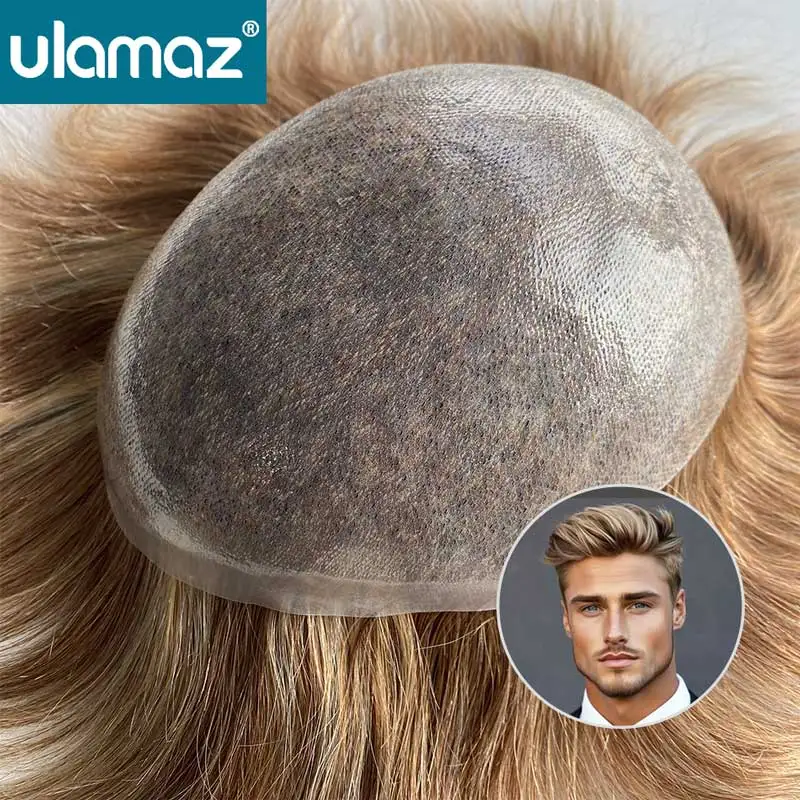 تسليط الضوء على الشعر الأشقر 0.08 مللي متر الجلد الذكور الشعر الاصطناعية عقدة بولي Toupee الشعر الرجال نظام الشعر الملون شعر مستعار للرجال شعر الإنسان الذكور الباروكات #1