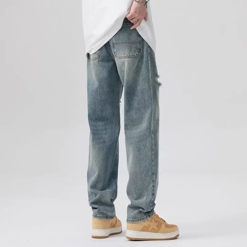 Ripped jeans men's straight tube summer loose straight pants American style washed high street men's light colored pants