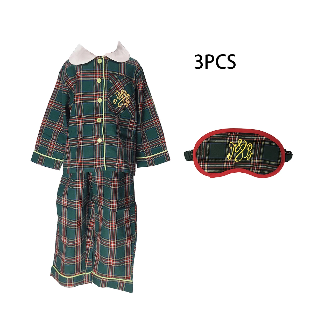 Girls Nightdress Boys Pajama Set With Eye Mask Green Long Sleeve Thin 100% Cotton Four Seasons Pajamas British Plaid Christmas