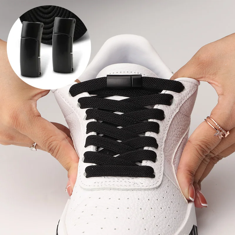 1Pair All Black Laces Magnetic Shoelaces Without Ties Elastic Strings for Sneakers  Kids Adult Wide Shoelace Shoe Accessorie