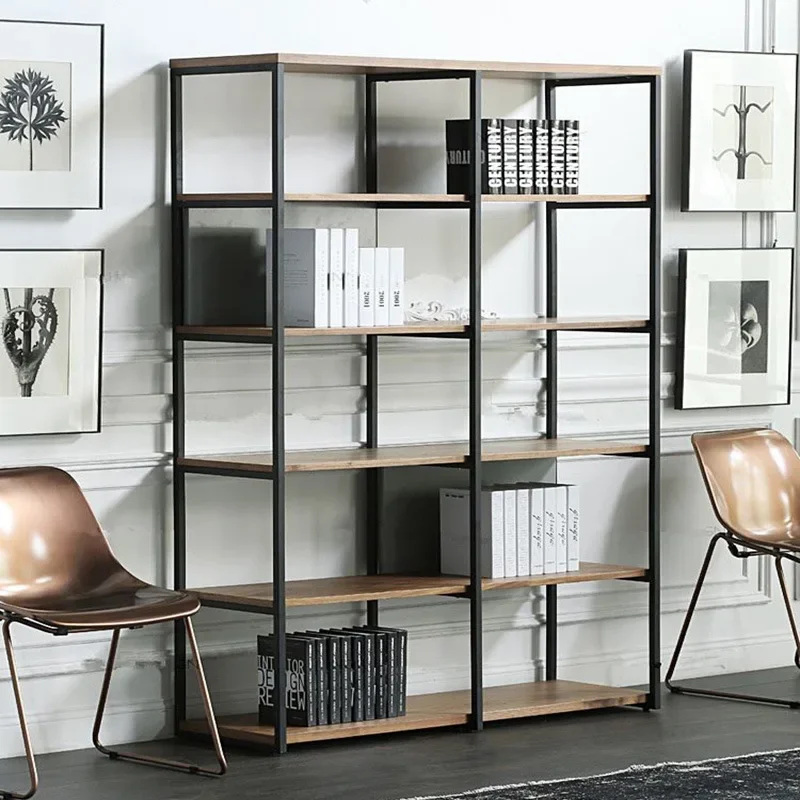 American retro office floor rack industrial style loft solid wood baffle bookcase corner wrought iron bookcase
