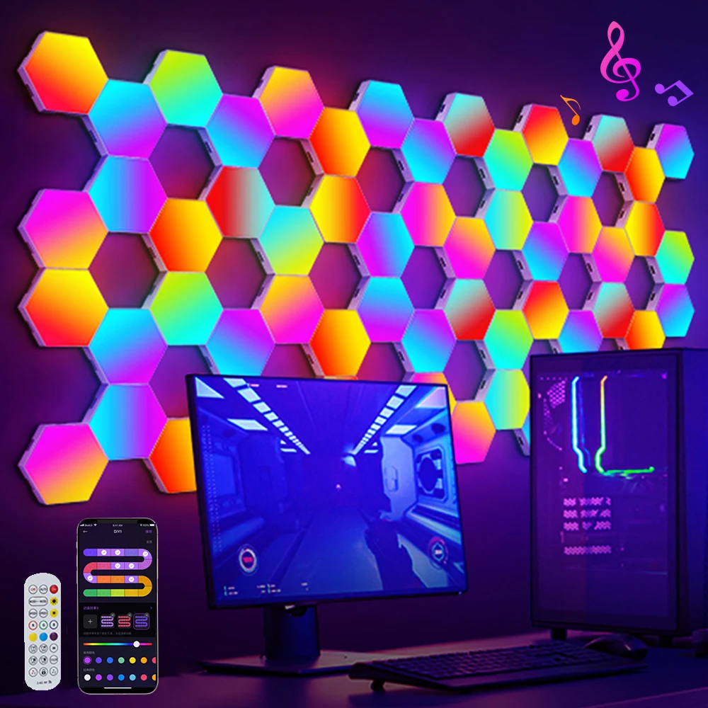 RGB Intelligent Hexagonal Wall Lamp Color-changing Ambient Night Light DYI Shape Music Rhythm APP Control For Game Room Bedroom