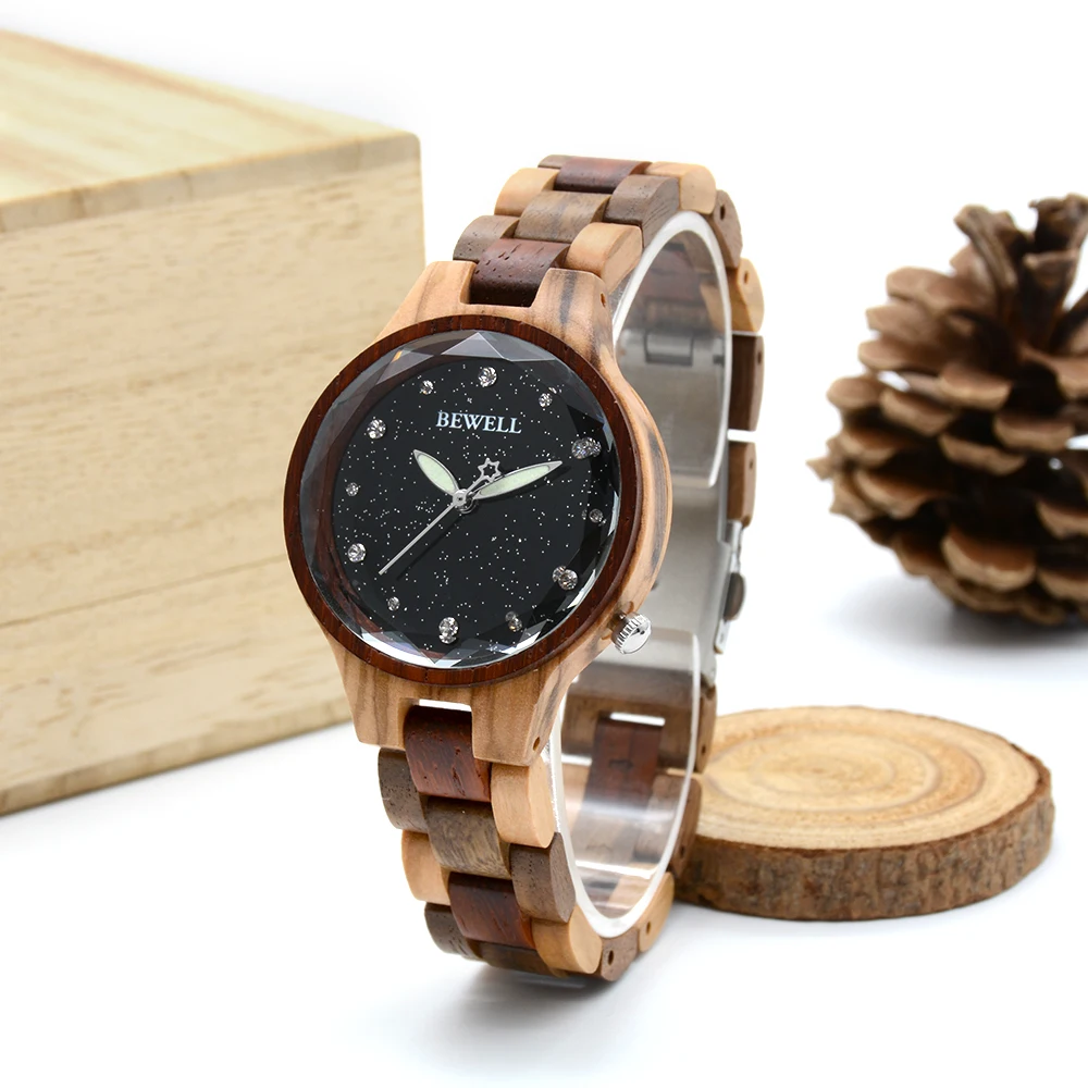 Natural Wood Ladies Wristwatch with Starry Sky Surface Stainless Steel Buckle Japanese Mechanism Festive Gift Watch