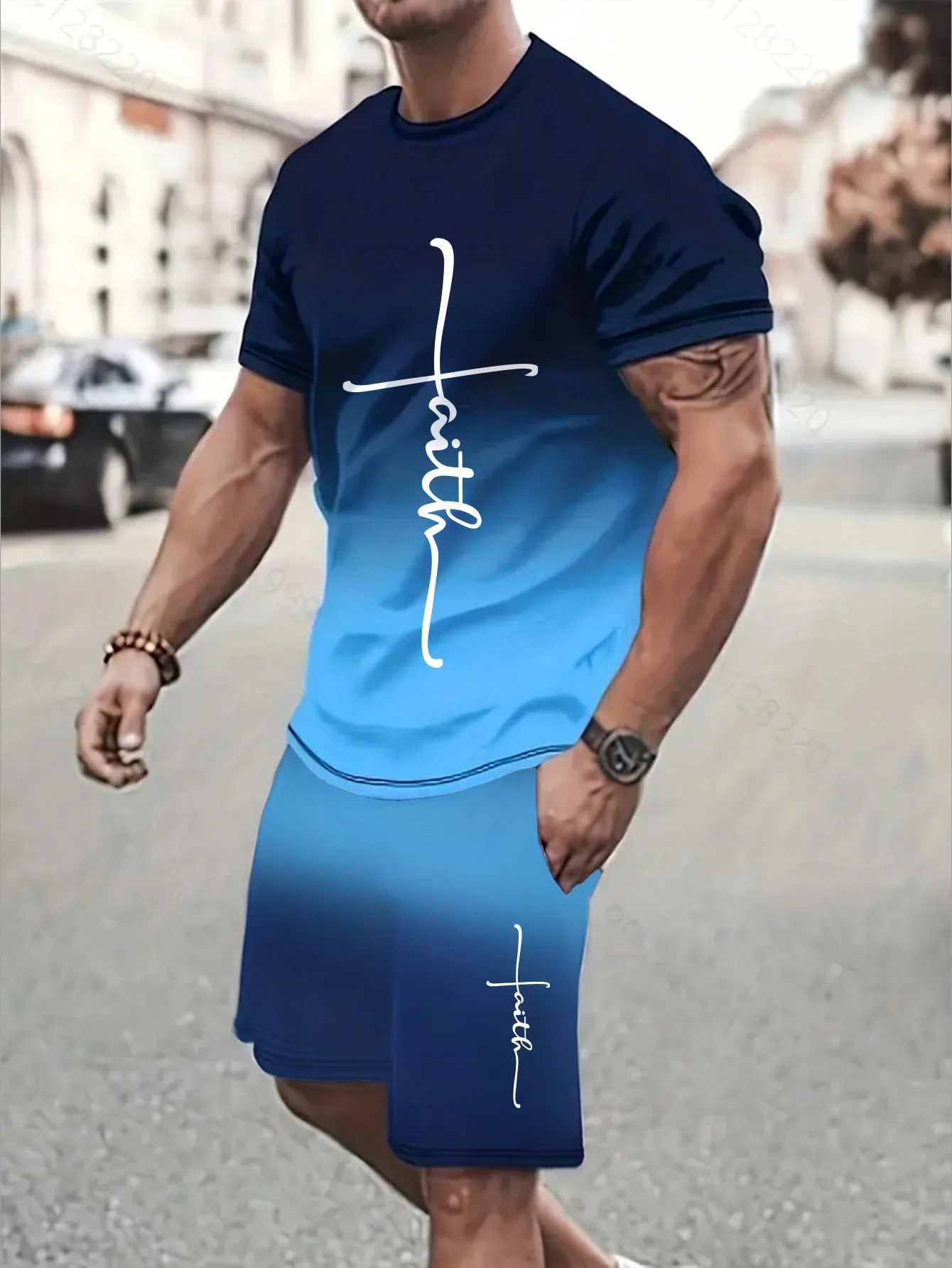 

Men's American Streetwear Gradient Set, Deep Blue Ombre T-Shirt & Shorts for Sports