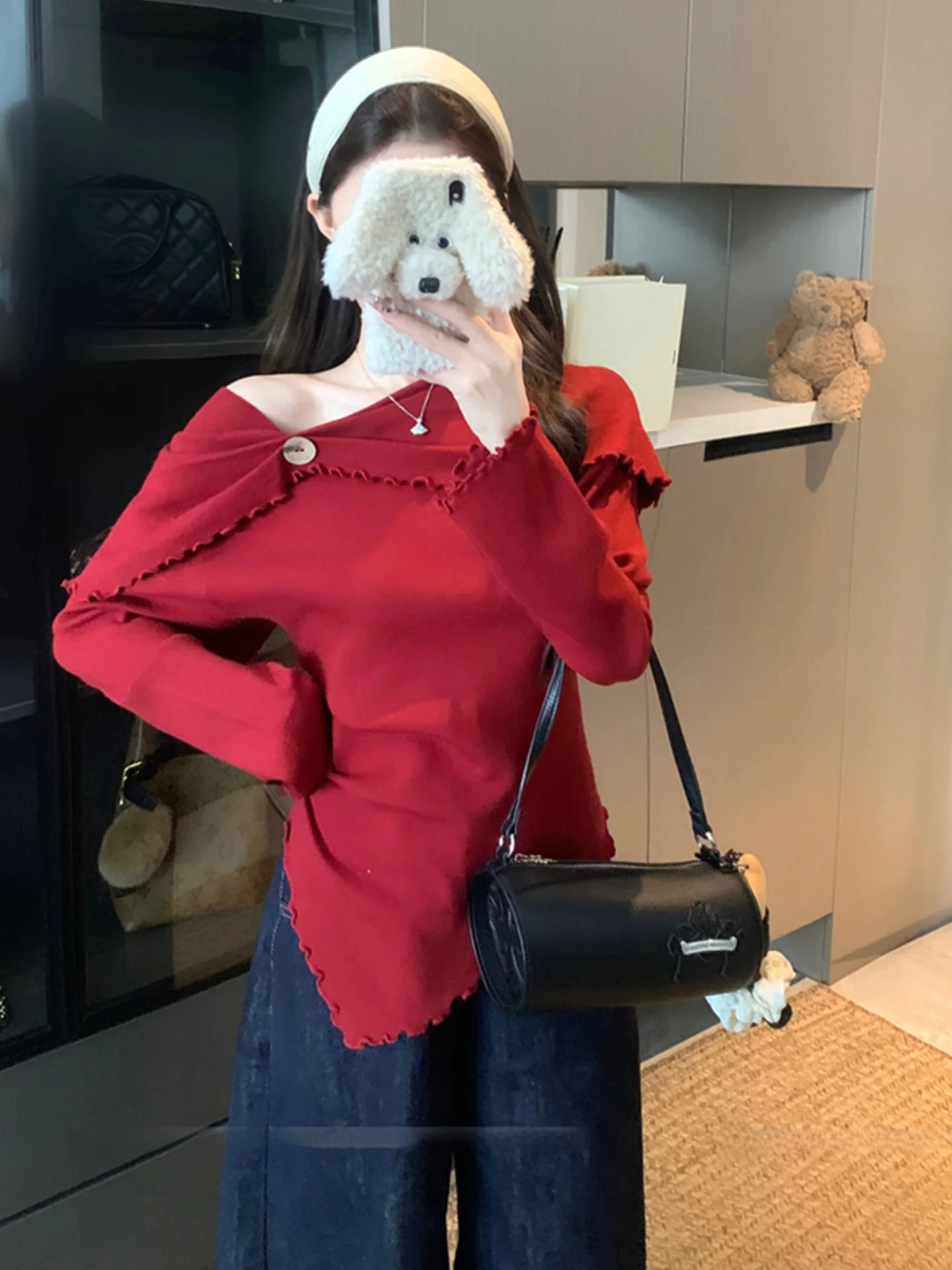 

Красный вязаный базовый топ Ele для женщин, осенне-зимний, больших размеров, утягивающий, асимметричный, в корейском стиле, дышащий, с длинными рукавами