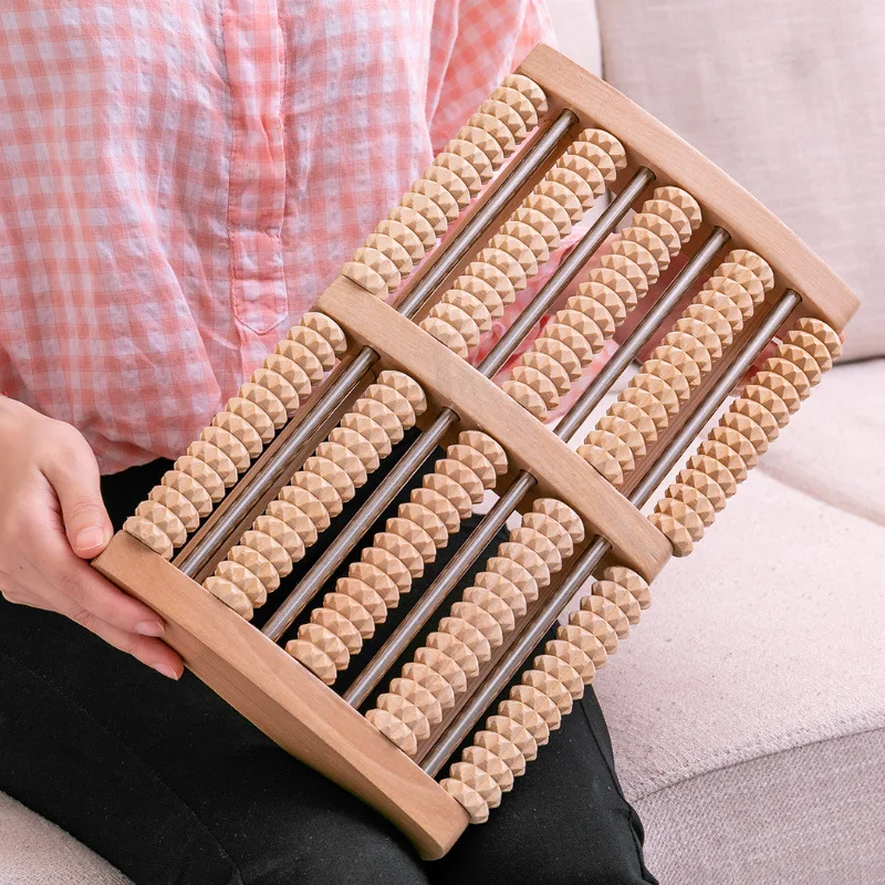 Wooden six row large roller foot massager with engraved characters for hand massage, household foot massager