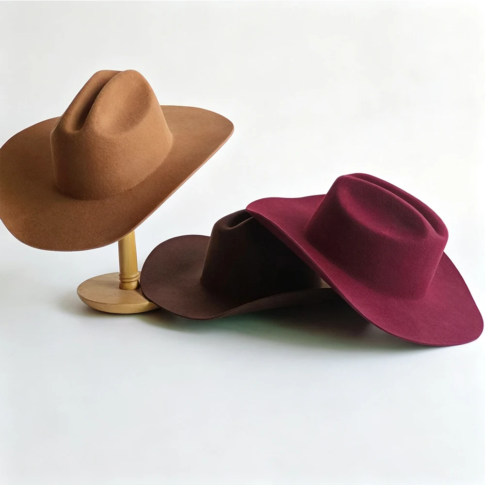 Unisex Vintage Western Cowboy Hat, Solid Color Pure Wool Felt Wide Brim Cowgirl Hat, Classic Ranch Style Headwear for Men Women