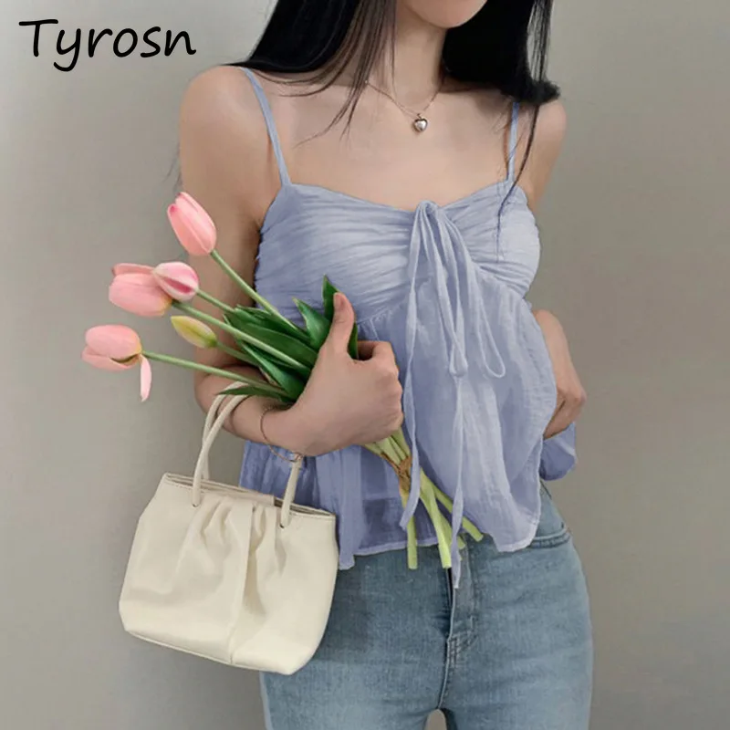 Crop Camis Pleated Bow Drawstring Sleeveless Solid Tops Summer New Sweet Girls Streetwear Elegant Off Shoulder Korean Trendy