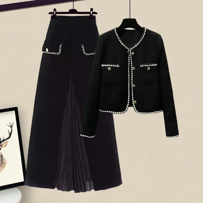 New French Velvet Patchwork Women\'s Skirt Elegant High Waist Slim A-Line Pleated Office Lady Midi Skirt Autumn Winter Clothing