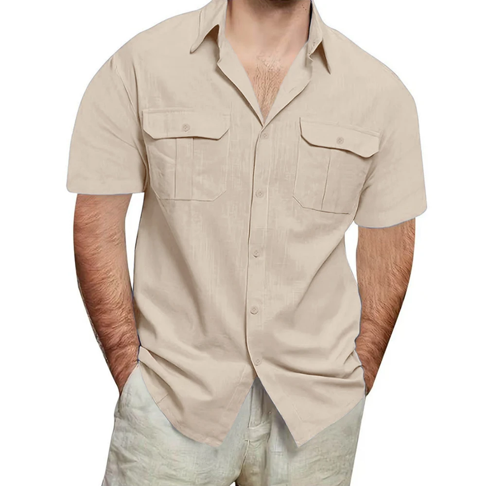 

Men's Cargo Shirts Solid Color Cotton Linen Short Sleeve Double Pocket Casual Lightweight Tops Single Breasted Clothing