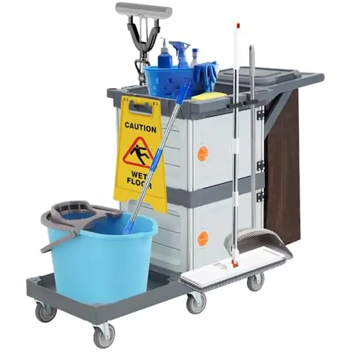 Commercial 3-Shelf Janitorial Cart with 2 Cabinets/Shelves, Commercial Traditional Wheeled Cleaning Cart with Cover and