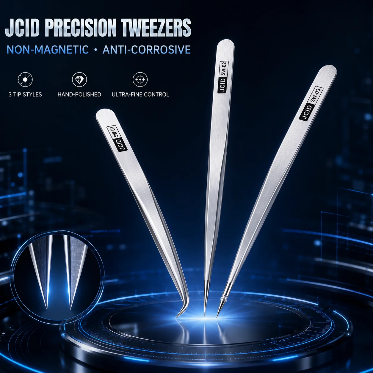 JCID SW-01 SW-02 SW-03 Precision Tweezers Non Magnetic Stainless Steel Curved Ultra Fine Tip for Phone PCB Repair Tools