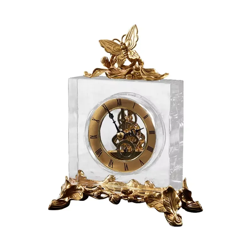 New Design Home Decor European Mechanical Transparent Crystal Golden Copper Desk Table Clock