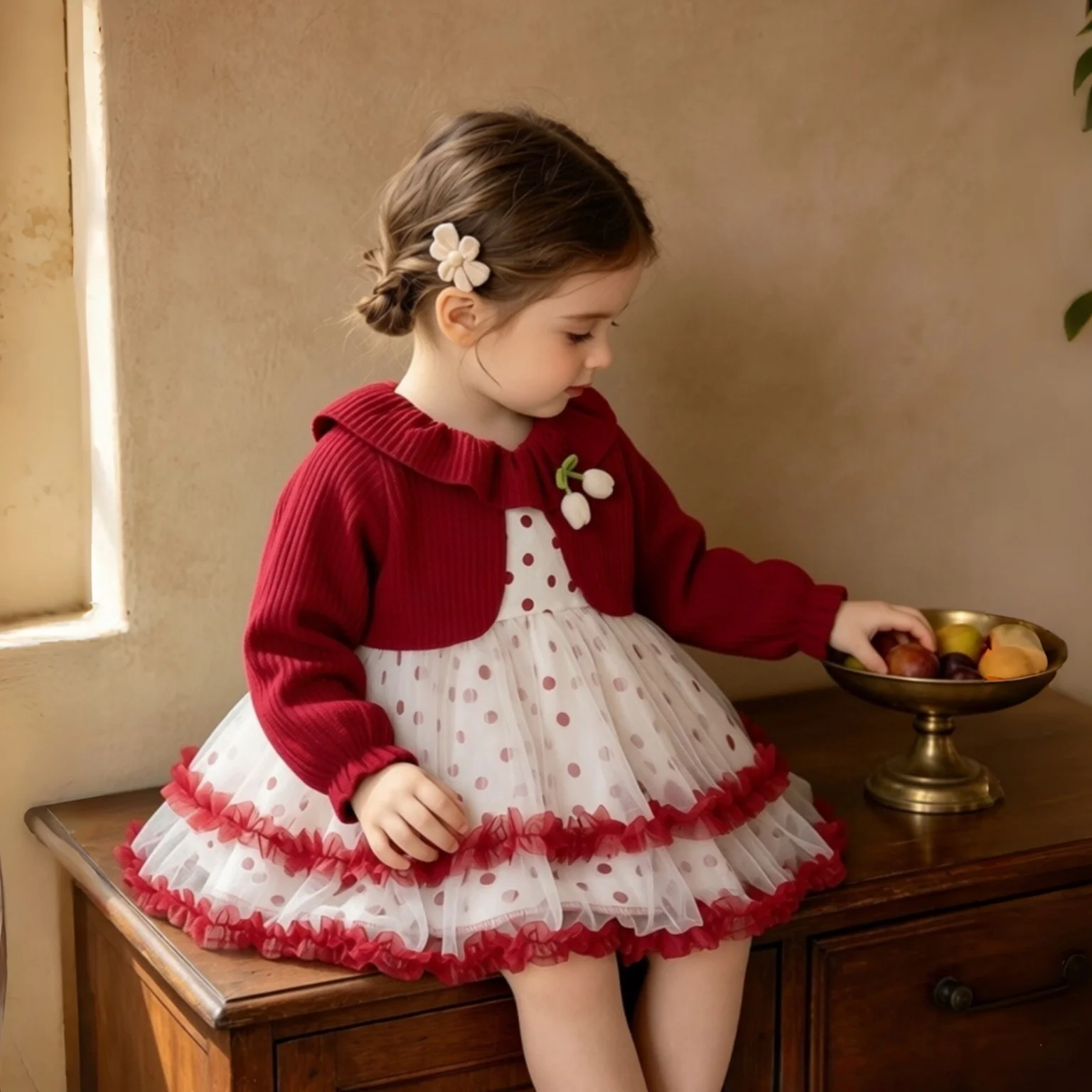 Christmas Party Dress Autumn/Winter Baby Girl Long Sleeved Dress Sweet Retro Chiffon Tutu Princess Dress Girl'S Birthday Dress