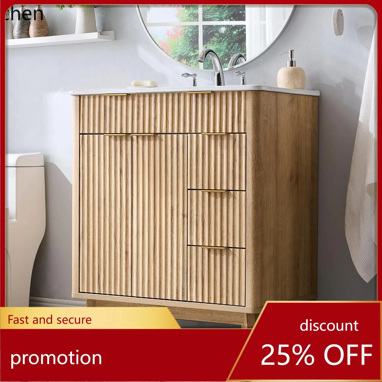 CZ Grooved Bathroom Vanity with Ceramic Sink Combo Freestanding Modern Bathroom Storage Vanity Cabinet