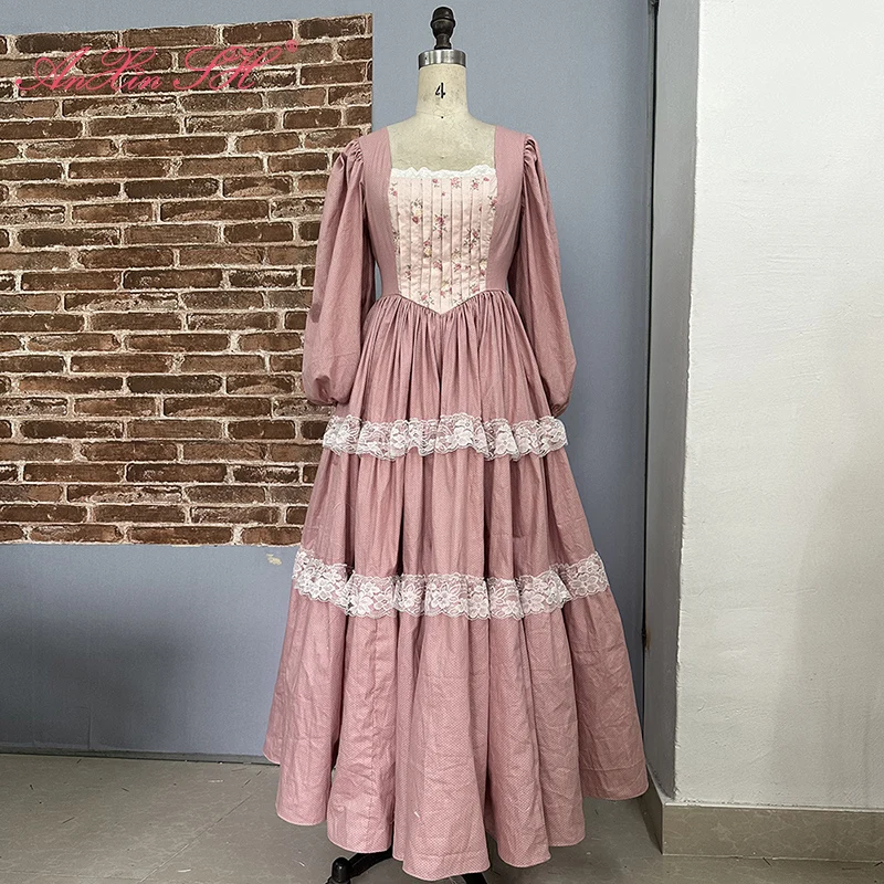 AnXin SH princess pink cotton long sleeve sweetheart flower lace ruffles zipper a line big bow party customized evening dress