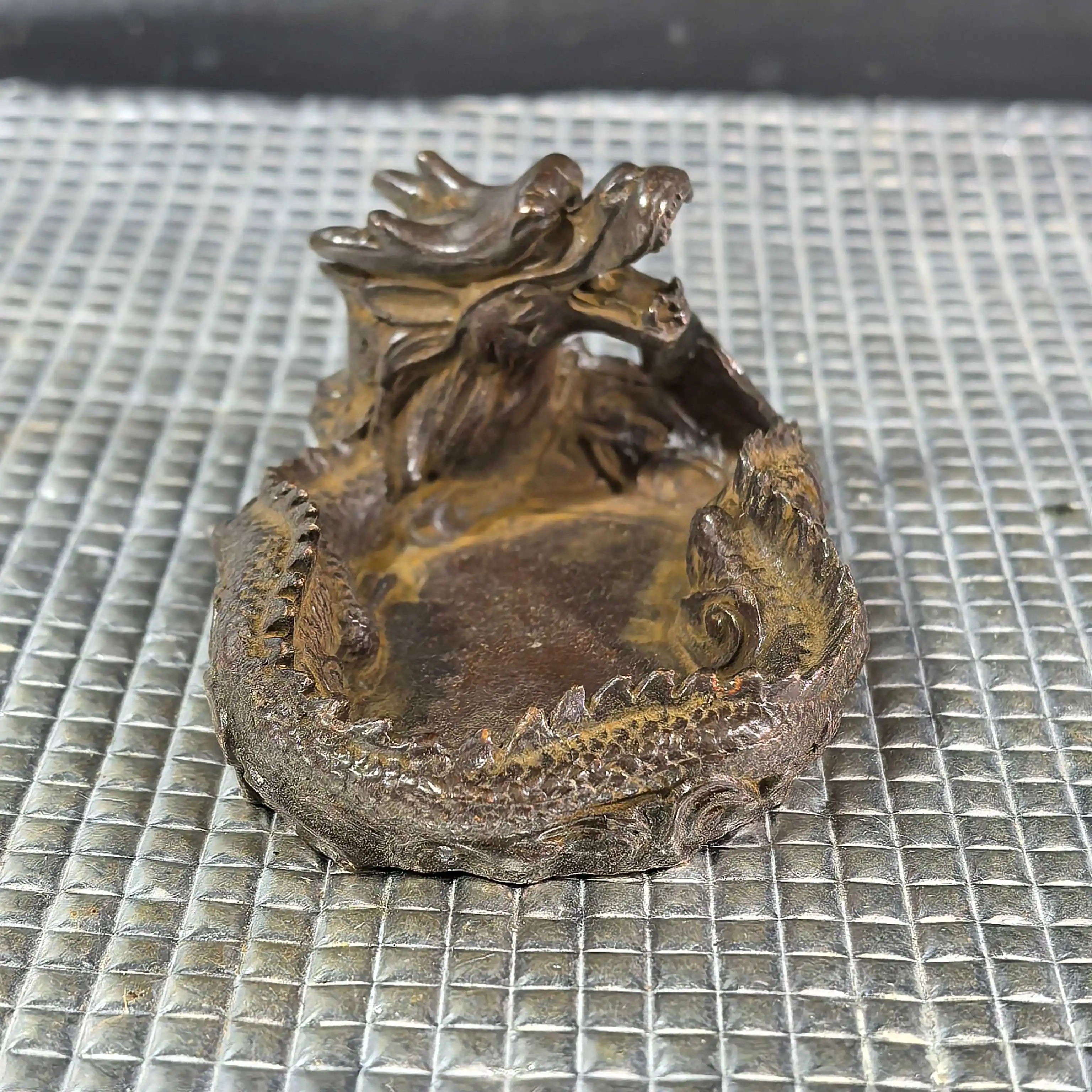 China Retro Bronze Micro-Carving Study Room 12 Zodiac Dragon Pen Wash Inkstone Home Desktop Decoration Collection